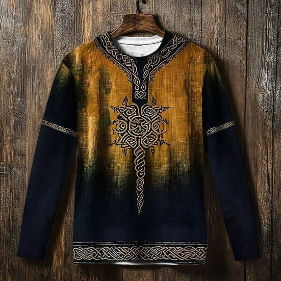 Men's Long Sleeve Gradient Celtic Knot Printed Crew Neck Sweatshirt Retro Celtic Cultural Fashion Long Sleeve Top for Men with Artistic Cultural Patterns(Yellow,M)