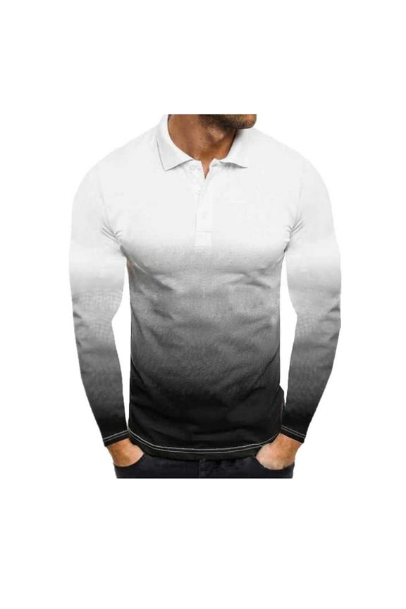 Men's Long Sleeve Gradient Color Lapel Buttons V Neck Shirts Pullover Casual Basic Tops Trendy Blouses White,S