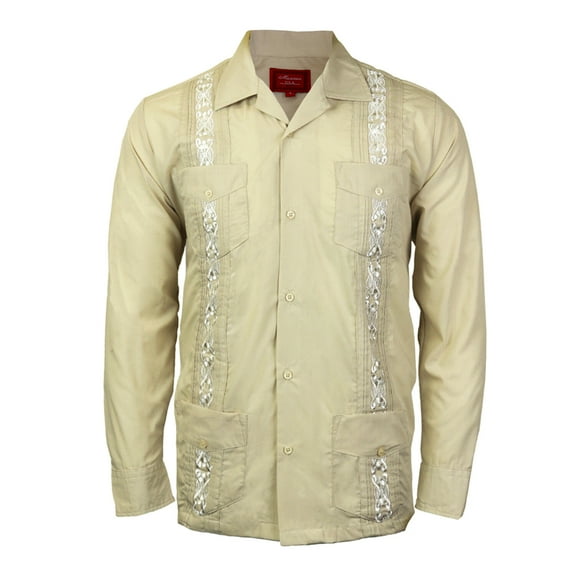 Men's Long Sleeve Guayabera Cuban Beach Wedding Button-Up Casual Dress Shirt, Beige, XL