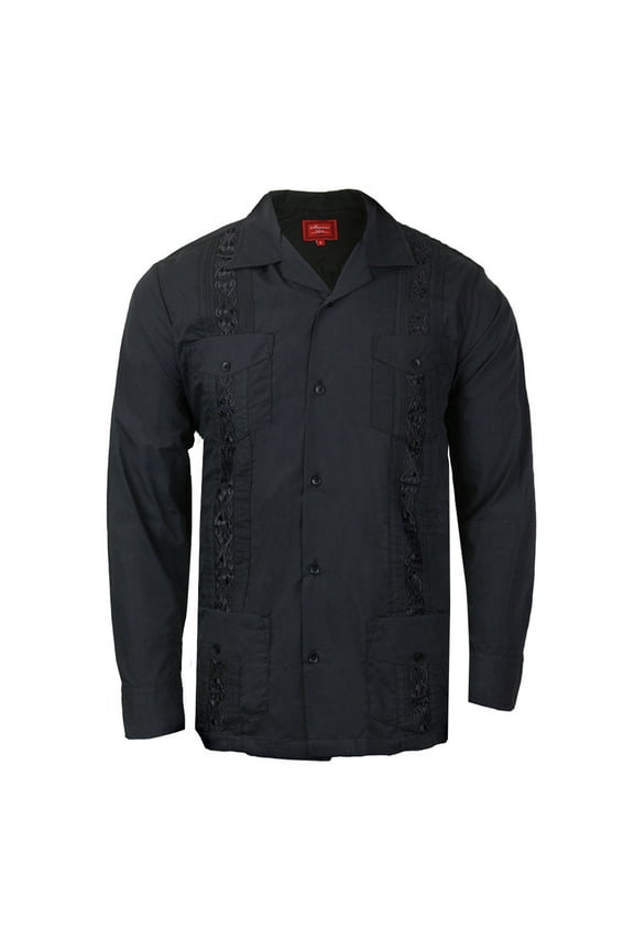 Men's Long Sleeve Guayabera Cuban Beach Wedding Button-Up Casual Dress Shirt, Black, 2XL