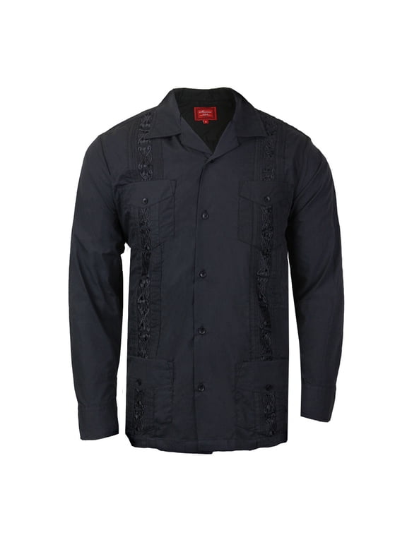 Men's Long Sleeve Guayabera Cuban Beach Wedding Button-Up Casual Dress Shirt, Black, XL