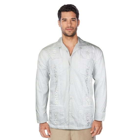 Men's Long Sleeve Guayabera Cuban Beach Wedding Button-Up Casual Dress Shirt, White, 2XL