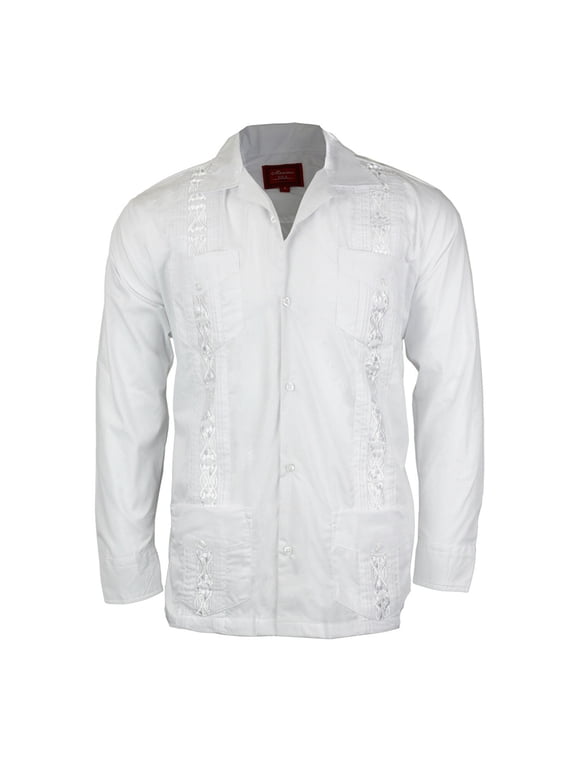 Men's Long Sleeve Guayabera Cuban Beach Wedding Button-Up Casual Dress Shirt, White, 3XL