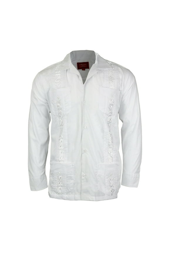 Men's Long Sleeve Guayabera Cuban Beach Wedding Button-Up Casual Dress Shirt, White, 3XL