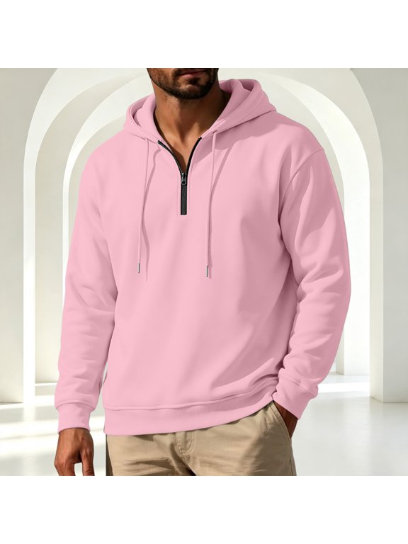 Men's Long Sleeve Half Zip Hooded Sweatshirt Raglan Casual Pullover Top Relaxed Fit Soft Streetwear Drawstring for Fall Winter Spring Daily Fashion Wear Style Guys Pink M