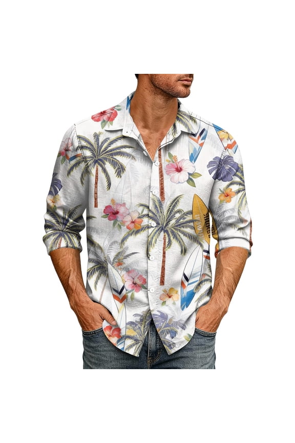 Men's Long Sleeve Hawaiian Shirts Tropical Floral Print Collared Button Down Resort Beach Vacation Party Tops 2026 Yellow 2XL