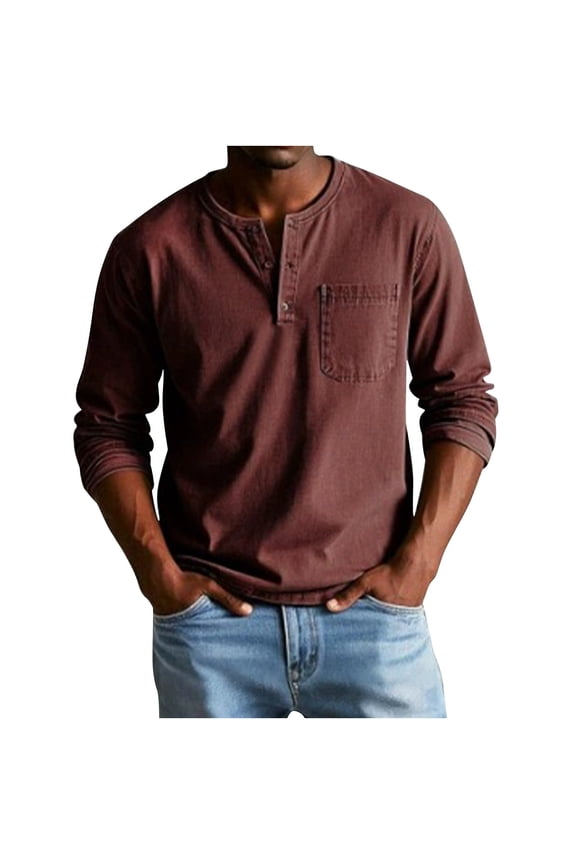 Men's Long Sleeve Henley Shirt Button-Front Placket Pullover With Chest Pocket Casual Versatile Daily Wear Top