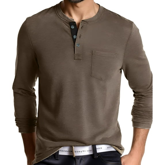 Men's Long - Sleeve Henley Shirt: Button - Placket, Chest Pocket for Casual & Layering