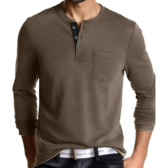 Men's Long - Sleeve Henley Shirt: Button - Placket, Chest Pocket for Casual & Layering