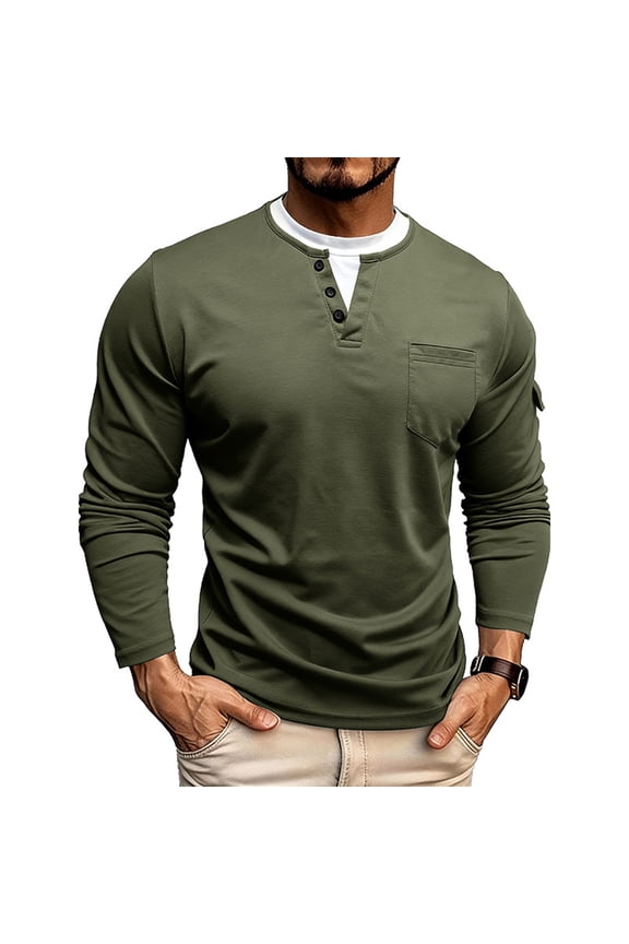Men’s Long Sleeve Henley Shirt Casual Crew Neck Button Placket Front Pocket Relaxed Fit Lightweight Top