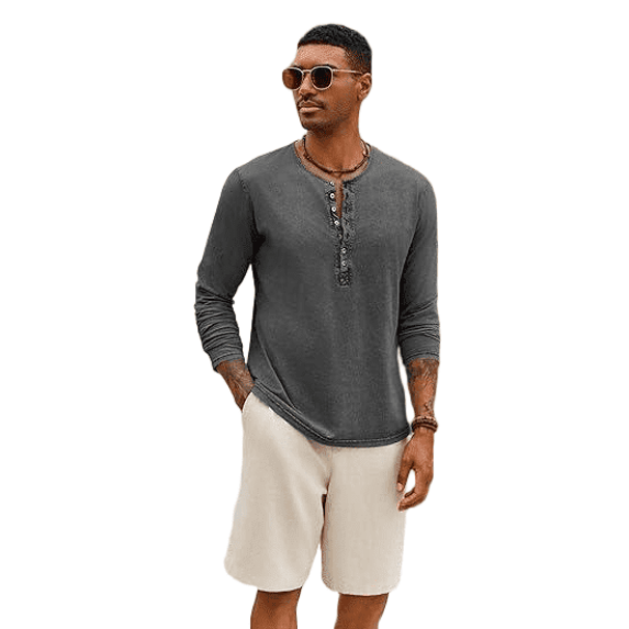 Men's Long-Sleeve Henley Shirt with Button Front, Casual Washed Vintage T-Shirt