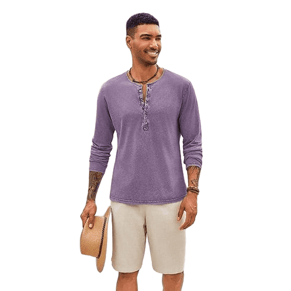 Men's Long-Sleeve Henley Shirt with Button Front, Casual Washed Vintage T-Shirt
