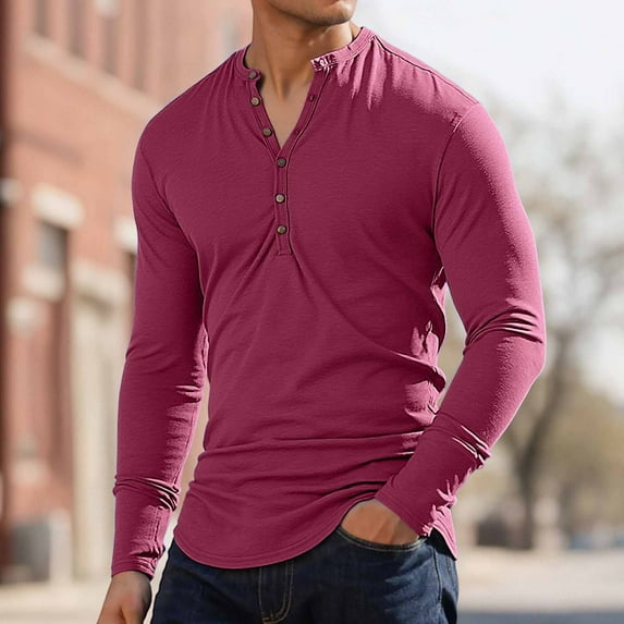 Men's Long Sleeve Henley Shirts Cotton Button UP T-Shirts Solid Tops (Brick Red XXXL)