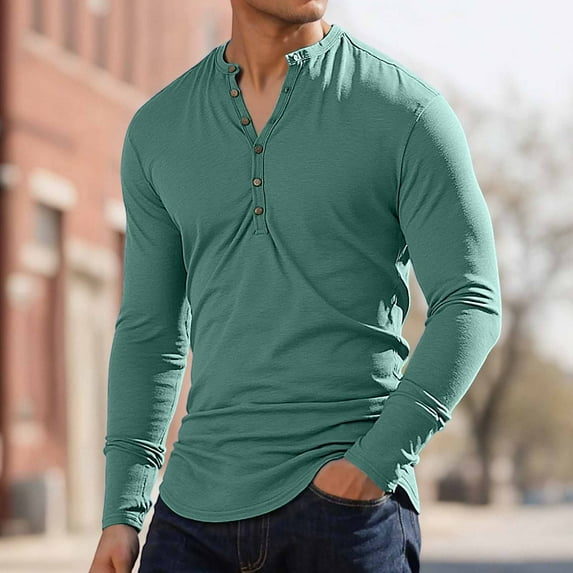 Men's Long Sleeve Henley Shirts Cotton Button UP T-Shirts Solid Tops (Green M)