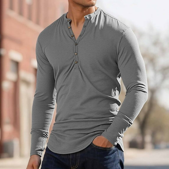 Men's Long Sleeve Henley Shirts Cotton Button UP T-Shirts Solid Tops (Grey S)