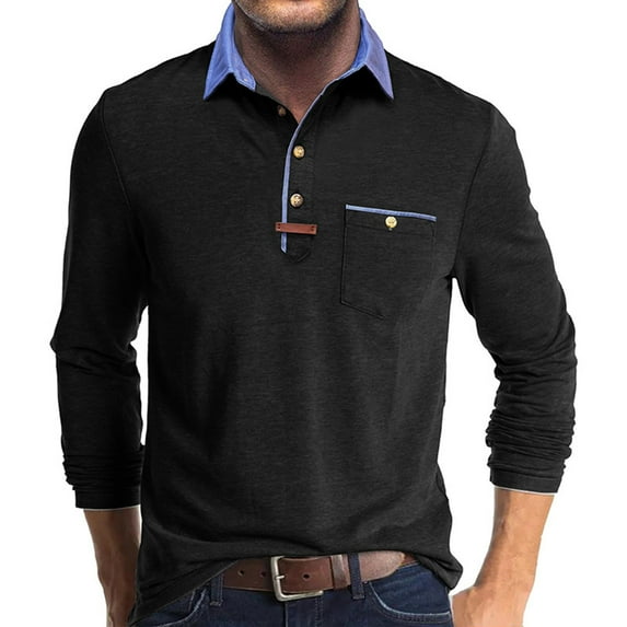 Men's Long Sleeve Henley Shirts Fall Casual Button Classic Work Shirt Solid Collared Basic Golf Shirt with Pocket