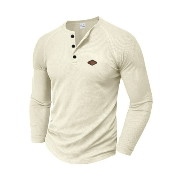 Men's Long Sleeve Henley Shirts Texture Button Vintage Pullover Casual Waffle Solid Color Blouse