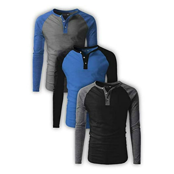 Men's Long-Sleeve Base Layer Henley T-Shirt/Casual Henley Baseball Round Neck T-Shirt - 3 Pack