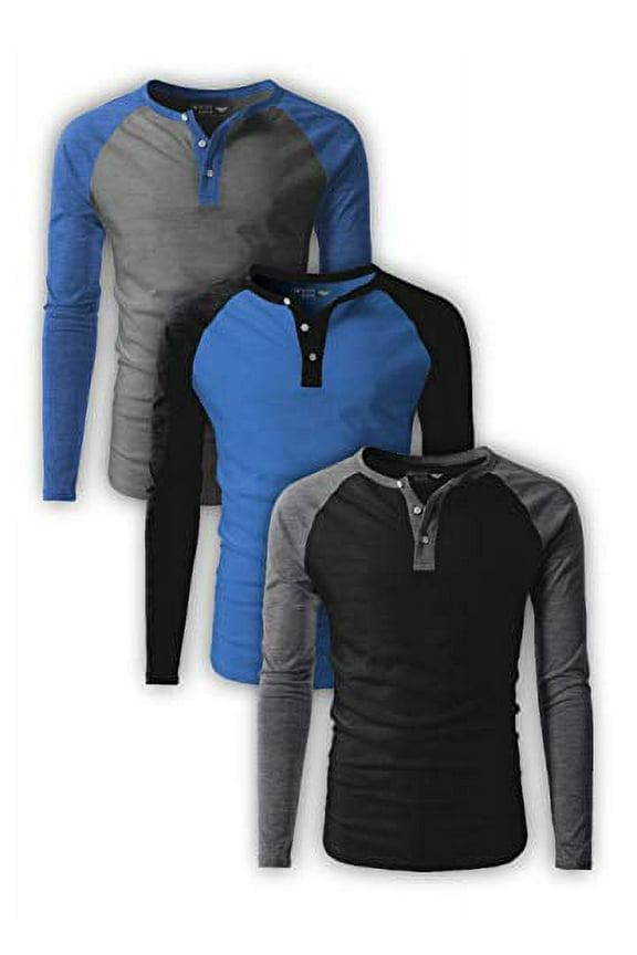 Men's Long-Sleeve Base Layer Henley T-Shirt/Casual Henley Baseball Round Neck T-Shirt - 3 Pack