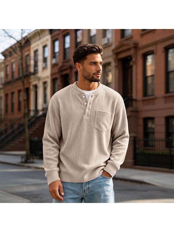 Men's Long Sleeve Corduroy Henley Pullover Shirt, 22 Button Placket Casual Top with Chest Pocket, Relaxed Fit Textured Knit Sweatshirt for Fall Winter Daily Office Wear Khaki XXL