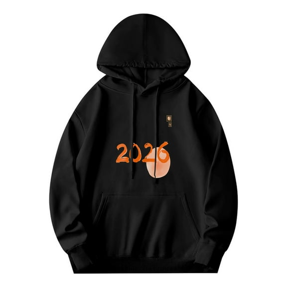 Men's Long Sleeve Hooded Pullover Sweatshirt - Black with ' 2026 ' Graphic in Orange Peach Circle Front Pocket & Emblem