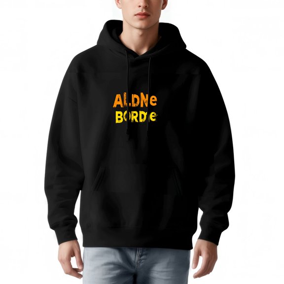 Men's Long Sleeve Hooded Pullover Sweatshirt - Black with ' Al - Ne Bordie ' Design in Orange & Yellow Relaxed Fit Front Pocket