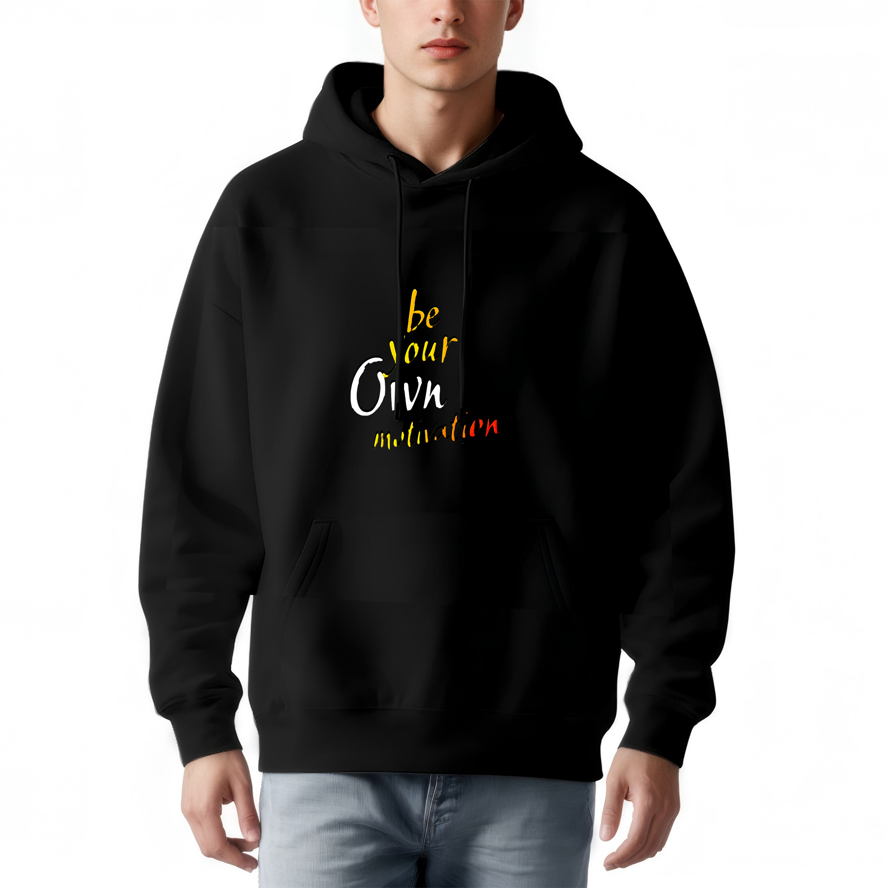 Men's Long Sleeve Hooded Pullover Sweatshirt - Black with Front Pocket Drawstrings and Motivational " Be Your Own Motivation " Design