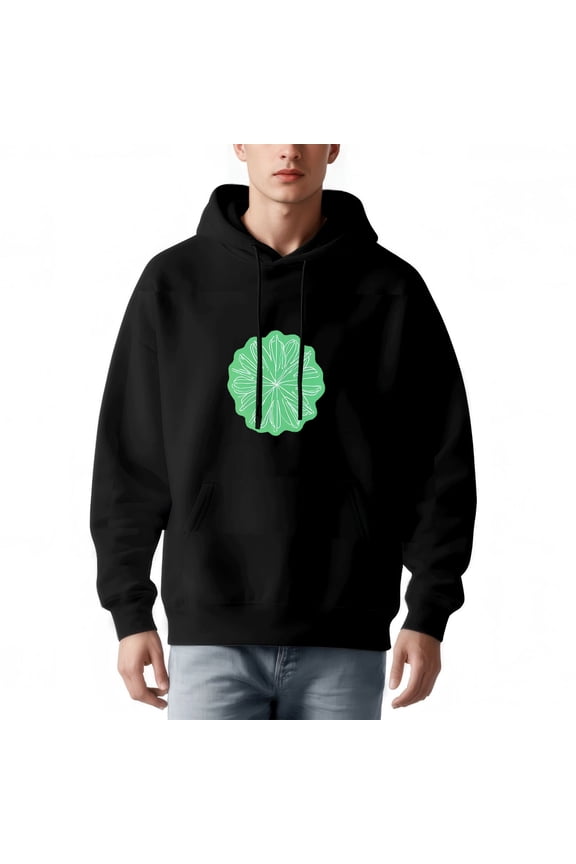 Men's Long Sleeve Hooded Pullover Sweatshirt - Black with Green Leaf Flower Pattern Front Pocket Relaxed Fit Drawstrings