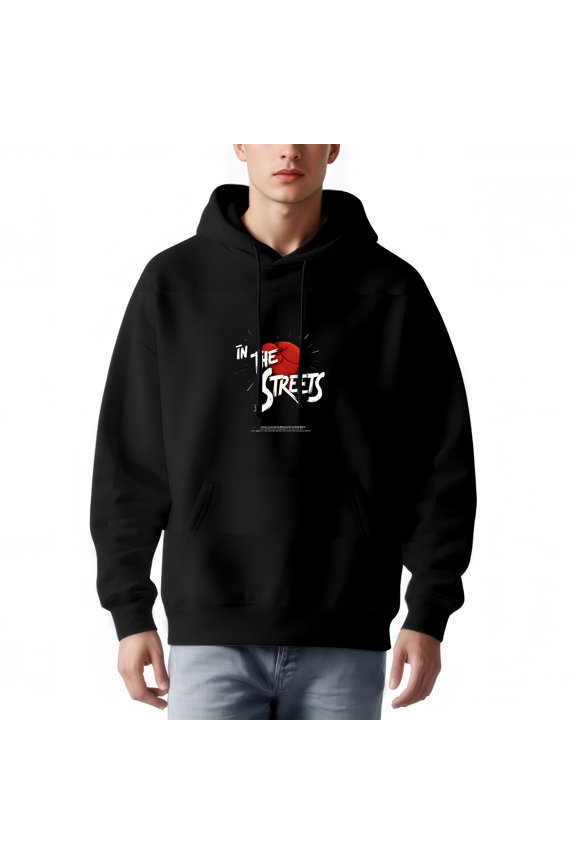 Men's Long Sleeve Hooded Pullover Sweatshirt - Black with ' IN THE STREETS ' Graphic Front Pocket Relaxed Fit Stylish Design