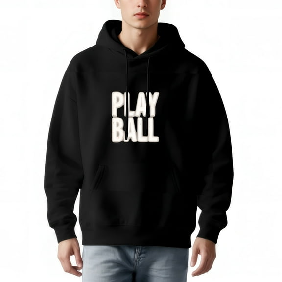 Men's Long Sleeve Hooded Pullover Sweatshirt - Black with ' PLAY BALL ' White Text Casual Sports Hoodie with Front Pockets