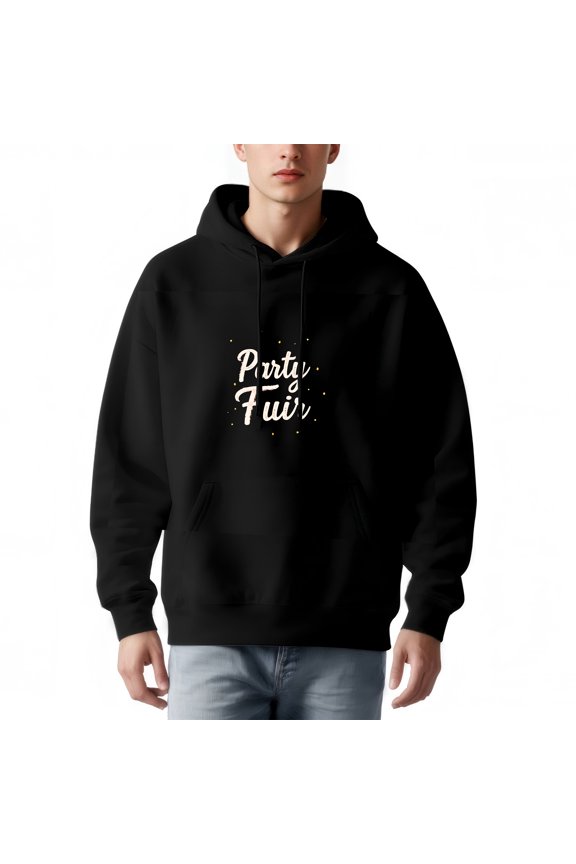 Men's Long Sleeve Hooded Pullover Sweatshirt - Black with ' Party Für ' Text & Yellow Dots Relaxed Fit Front Pocket