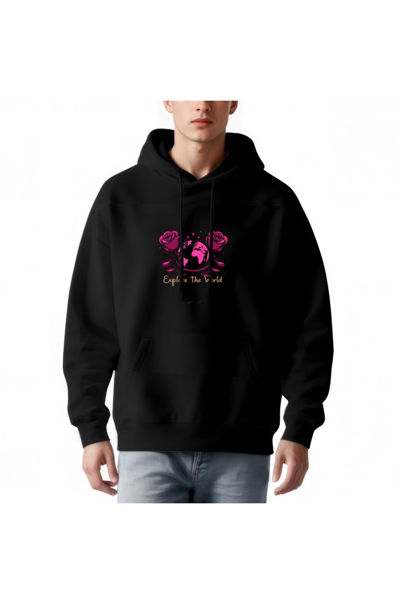 Men's Long Sleeve Hooded Pullover Sweatshirt - Black with Pink Globe & Roses Graphic ' Capture the World ' Relaxed Fit Front Pocket