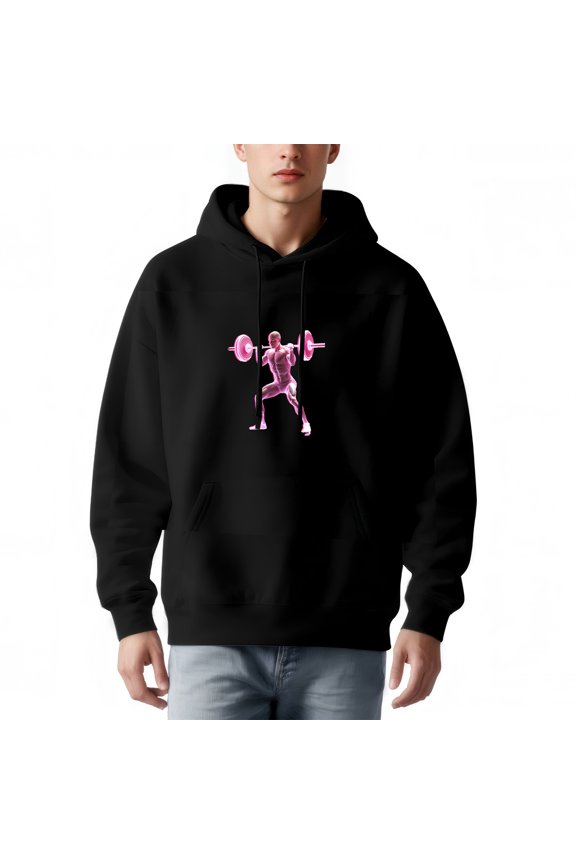 Men's Long Sleeve Hooded Pullover Sweatshirt - Black with Pink Muscular Barbell Design & Front Pocket Perfect for Gym Enthusiasts