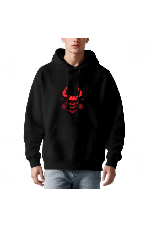 Men's Long Sleeve Hooded Pullover Sweatshirt - Black with Red Demonic Skull & Horns Graphic Relaxed Fit Front Pocket