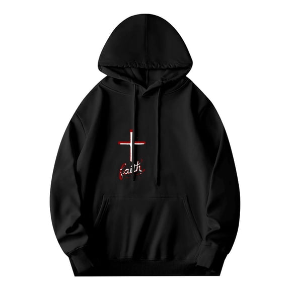 Men's Long Sleeve Hooded Pullover Sweatshirt - Black with Red & White Cross Design and ' Faith ' in Cursive Relaxed Fit with Pockets
