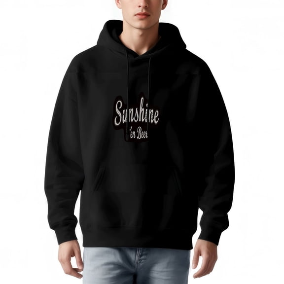Men's Long Sleeve Hooded Pullover Sweatshirt - Black with ' Sunshine is in ' Design & Front Pockets Relaxed Fit Soft Fabric