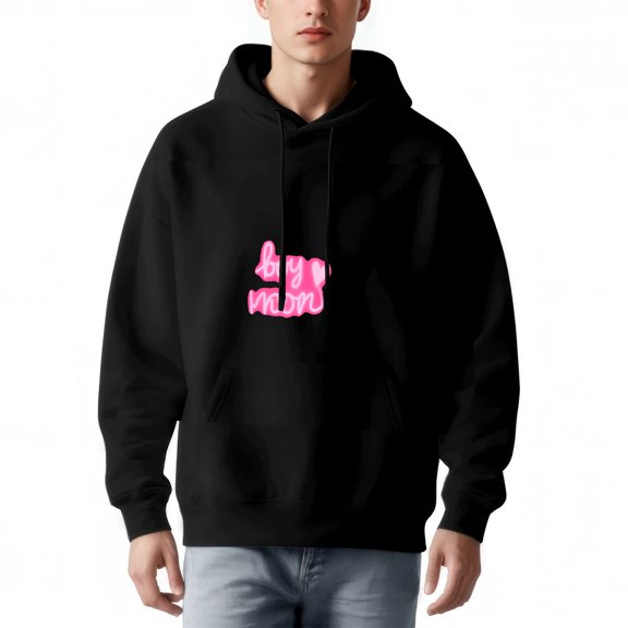 Men's Long Sleeve Hooded Pullover Sweatshirt - Black with ' by mom ' Pink & White Graphic Relaxed Fit Front Pocket Soft Fabric