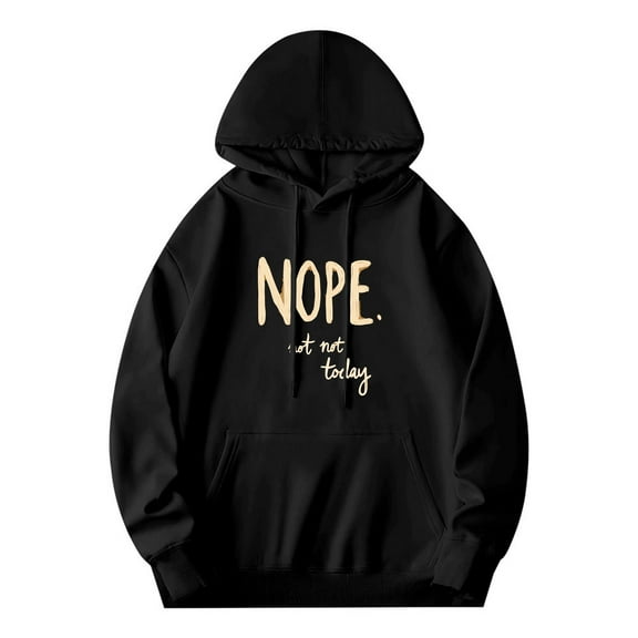 Men's Long Sleeve Hooded Pullover Sweatshirt - Casual Black Hoodie with Playful ' Not Today ' Handwritten Design & Front Pocket