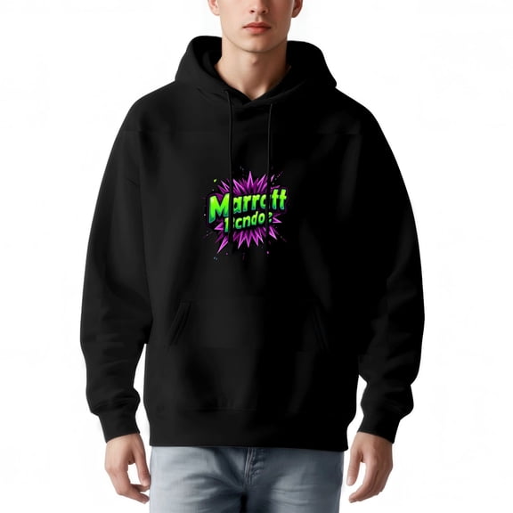 Men's Long Sleeve Hooded Pullover Sweatshirt - Colorful ' Acadode ' Graphic with Purple & Pink Star Burst Front Pocket