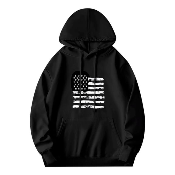 Men's Long Sleeve Hooded Pullover Sweatshirt - Distressed American Flag Graphic Relaxed Fit Front Pocket Drawstrings