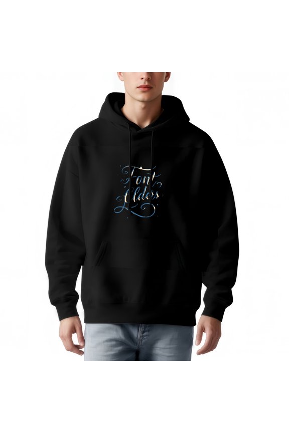 Men's Long Sleeve Hooded Pullover Sweatshirt - ' Font Glades ' Cursive Design on Light Blue & White Gradient Relaxed Fit with Pockets