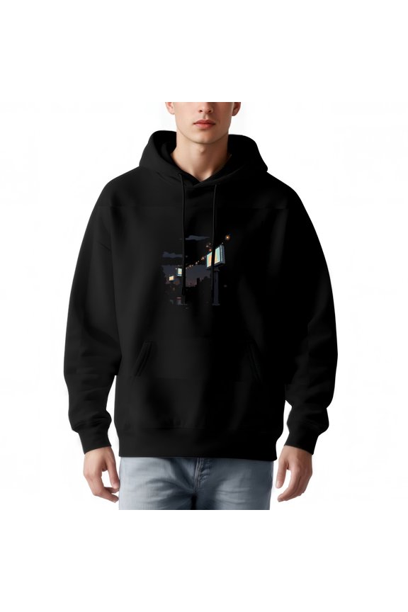 Men's Long Sleeve Hooded Pullover Sweatshirt - Graphic Street Scene Design with Lamppost & Buildings Pockets Black Hoodie