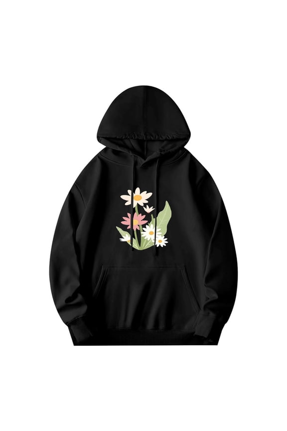 Men's Long Sleeve Hooded Pullover Sweatshirt - Relaxed Fit with Front Pocket Colorful Floral Design with White Pink Yellow Flowers