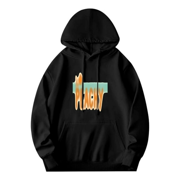 Men's Long Sleeve Hooded Pullover Sweatshirt - Relaxed Fit with Front Pocket Graphic ' PLACITY ' Design in Orange & Teal