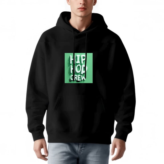 Men's Long Sleeve Hooded Pullover Sweatshirt - Relaxed Fit with Front Pocket Green ' HIPHOP CREW ' Graphic Design