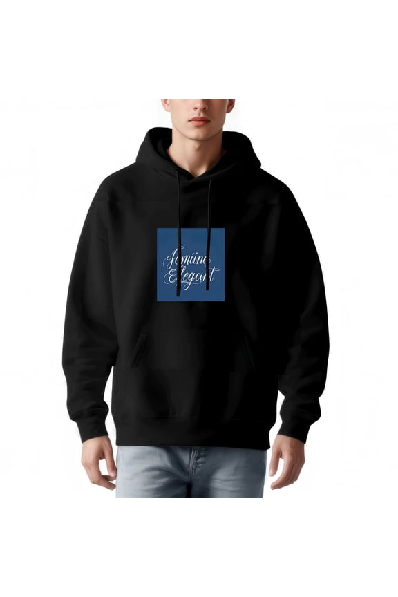 Men's Long Sleeve Hooded Pullover Sweatshirt - Relaxed Fit with Front Pocket Stylish Blue Square Design ' Feminine Elegant ' Text