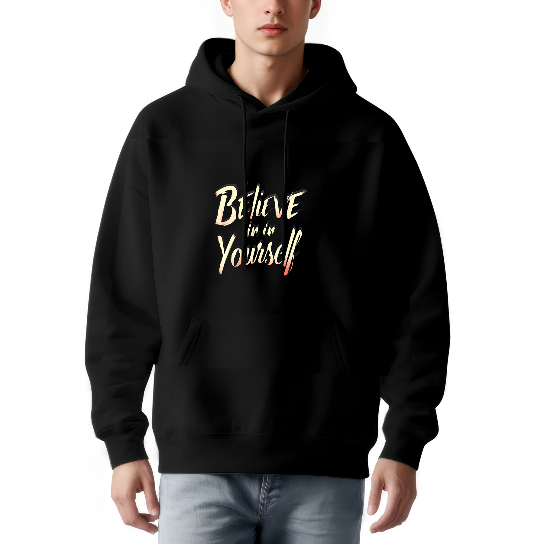 Men's Long Sleeve Hooded Pullover Sweatshirt - Stylish ' Believe in Yourself ' Motivational Print Relaxed Fit with Front Pocket