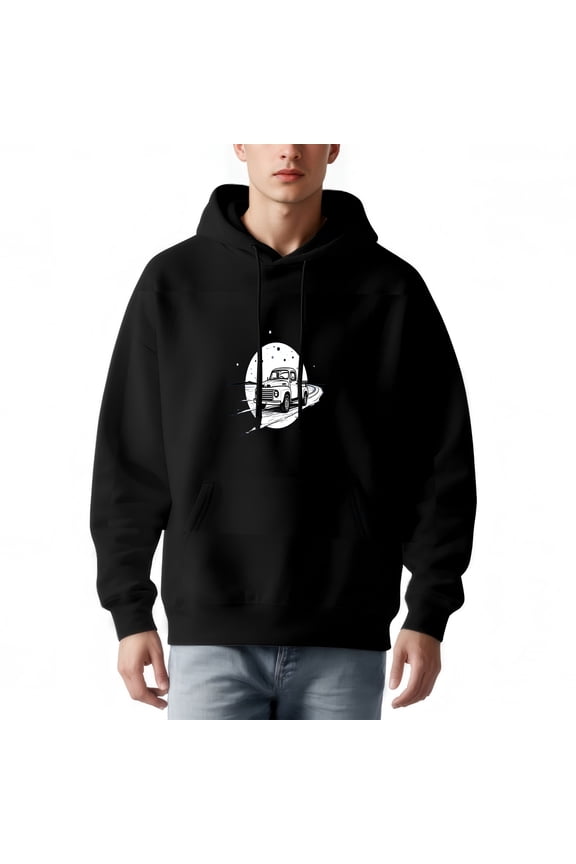 Men's Long Sleeve Hooded Pullover Sweatshirt - Vintage Car Graphic Design with Stars Relaxed Fit Front Pocket Drawstrings
