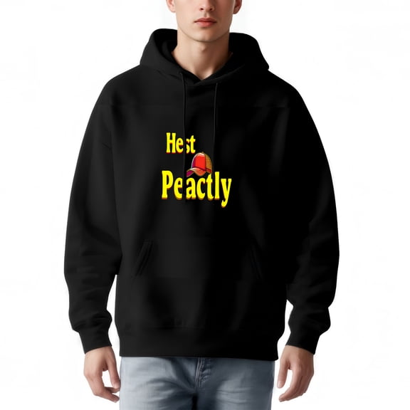 Men's Long Sleeve Hooded Pullover Sweatshirt with Front Pocket Graphic ' Hst Peacly ' Design in Yellow & Red Relaxed Fit