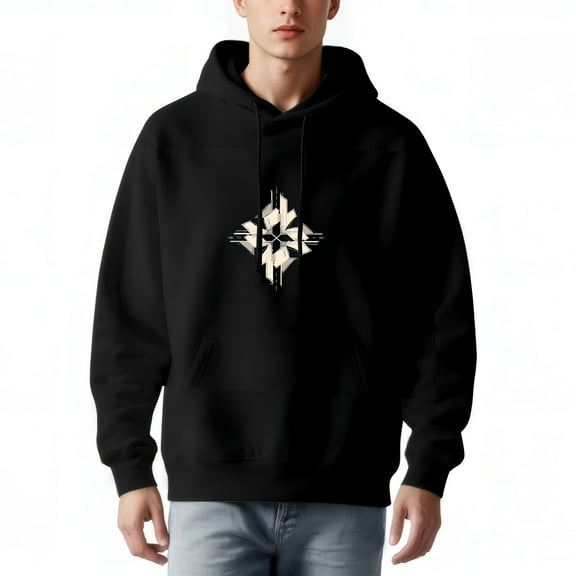 Men's Long Sleeve Hooded Pullover Sweatshirt with Pockets - Black Hoodie featuring Intricate Light Beige Geometric Design